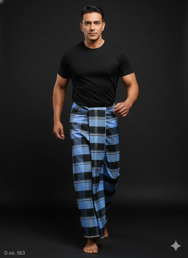 Men's Bold Plaid Lungi - Striking Blue & Black Check Design