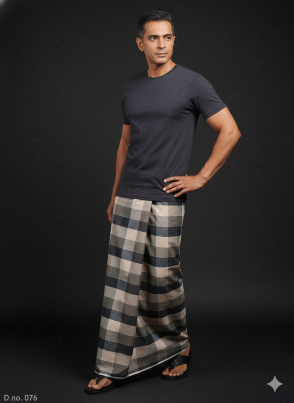 Generated Image November 04, 2025 - 7_56PM Men's Sophisticated Plaid Lungi - Earthy Grey & Khaki Check Design