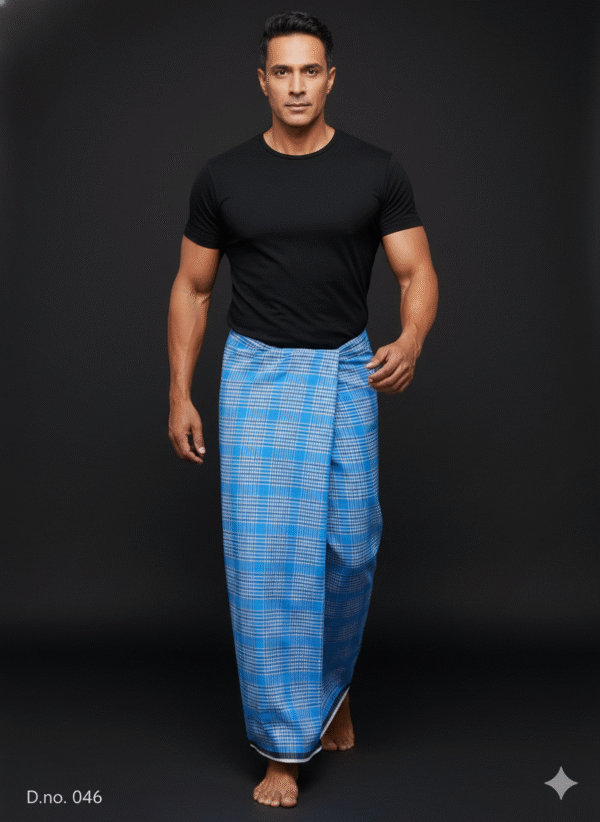 Men's Vibrant Lungi - Bright Blue & White Fine Check Design