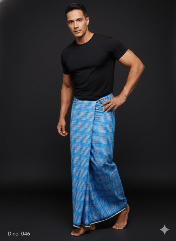 Men's Vibrant Lungi - Bright Blue & White Fine Check Design