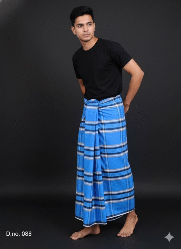 Men's Bold Plaid Lungi - Bright Blue & Multi-Check Design