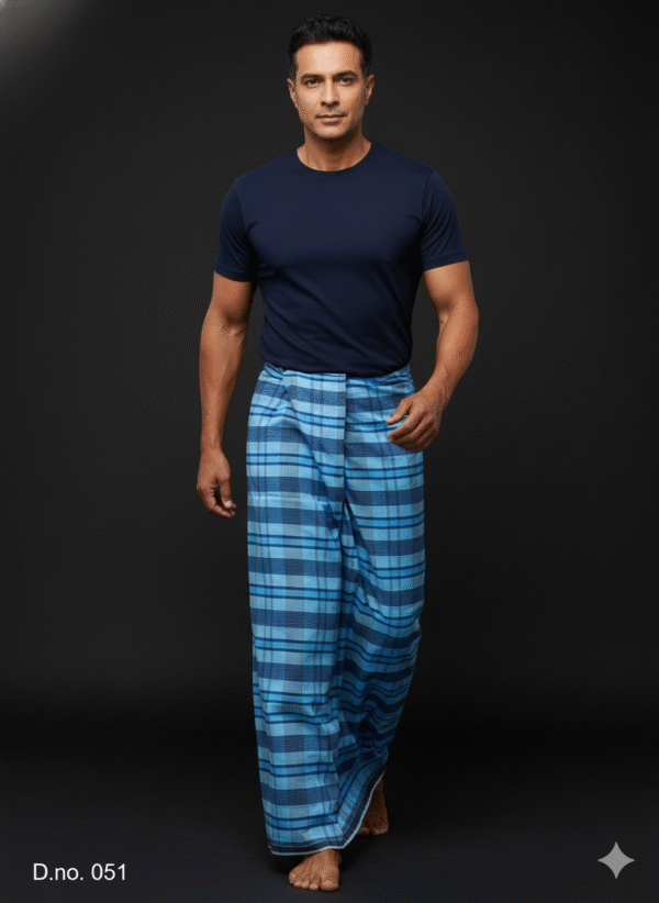 Men's Classic Lungi - Multi-Shade Blue Check Design