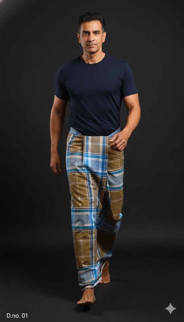 Men's Distinctive Plaid Lungi - Tan, Blue & Brown Check
