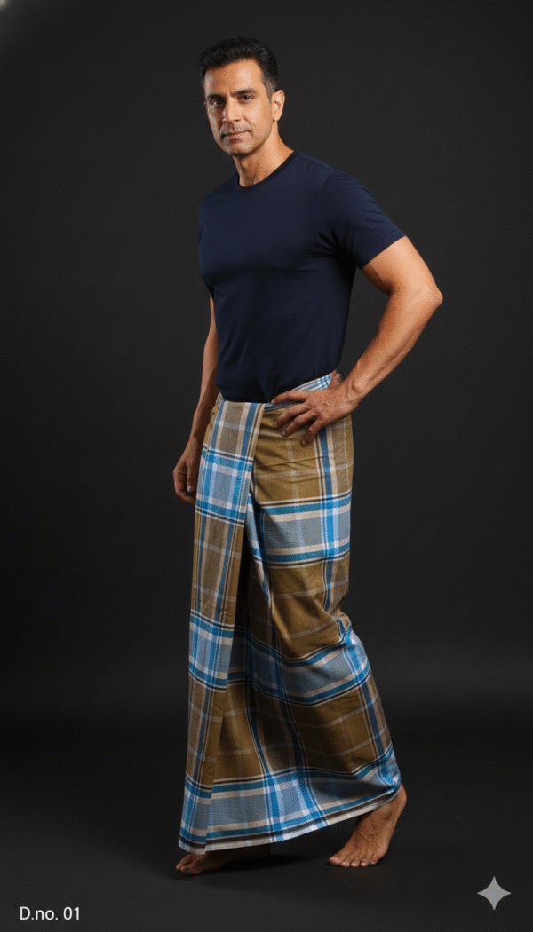 Men's Distinctive Plaid Lungi - Tan, Blue & Brown Check