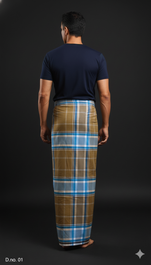 Men's Distinctive Plaid Lungi - Tan, Blue & Brown Check