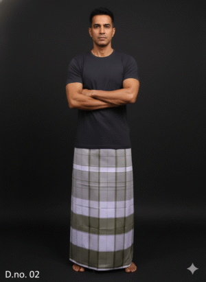 Men's Unique Plaid Lungi - Olive Green, Lavender & White Check