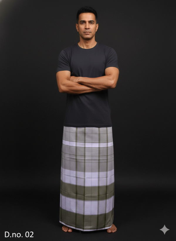 Men's Unique Plaid Lungi - Olive Green, Lavender & White Check
