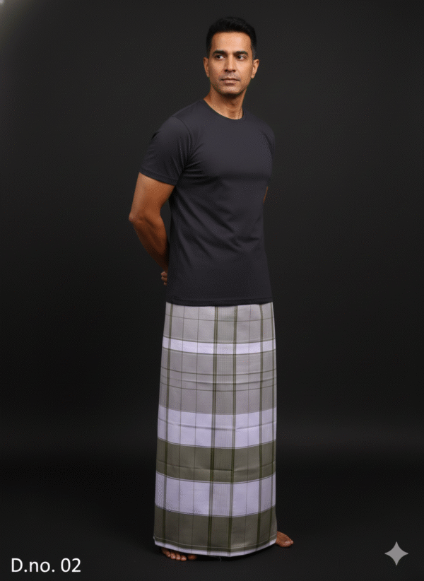 Men's Unique Plaid Lungi - Olive Green, Lavender & White Check