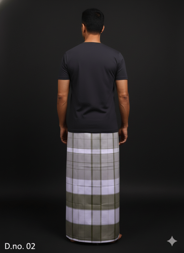 Men's Unique Plaid Lungi - Olive Green, Lavender & White Check