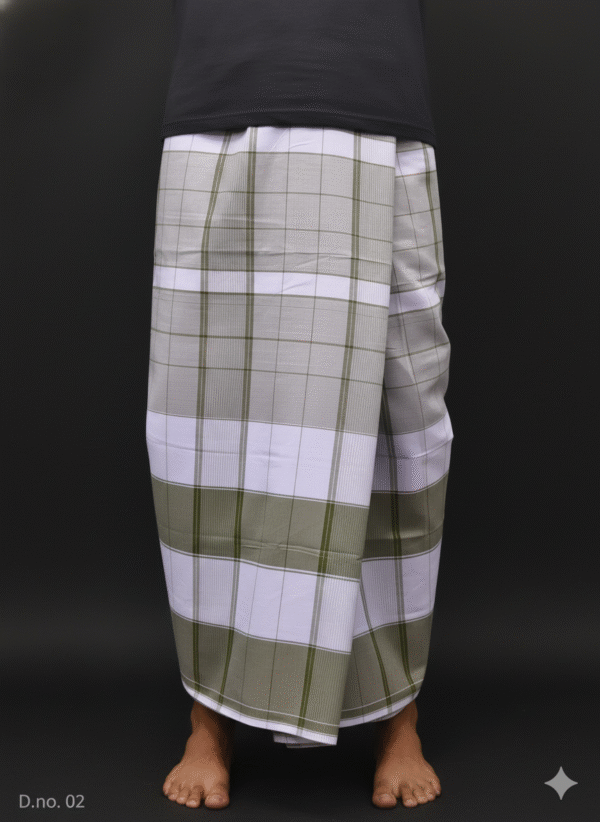 Men's Unique Plaid Lungi - Olive Green, Lavender & White Check