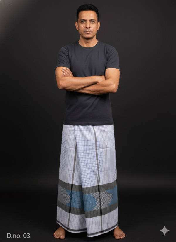 Men's Modern Lungi - Crisp White Check with Blue & Grey Border