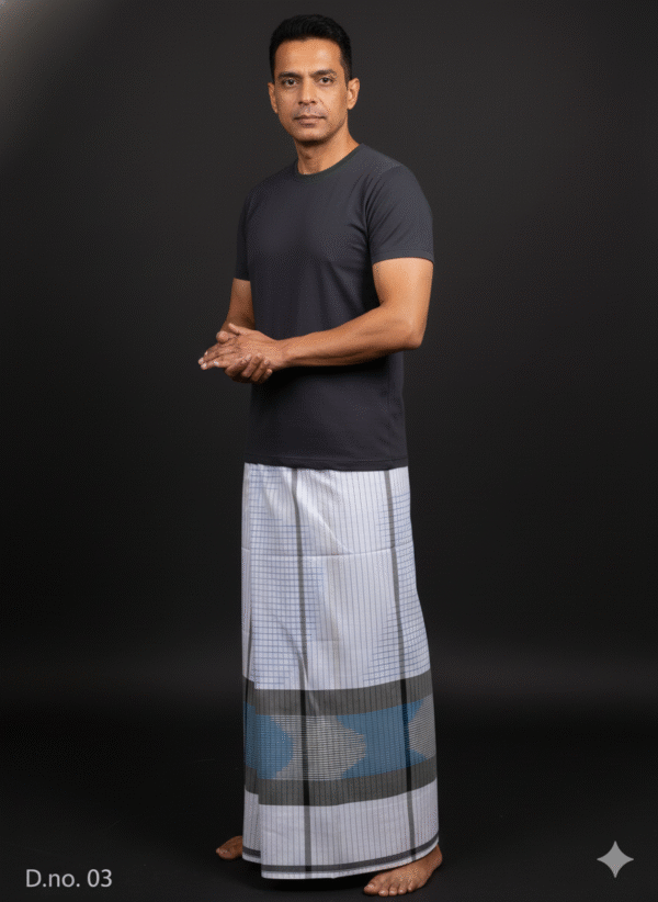 Men's Modern Lungi - Crisp White Check with Blue & Grey Border