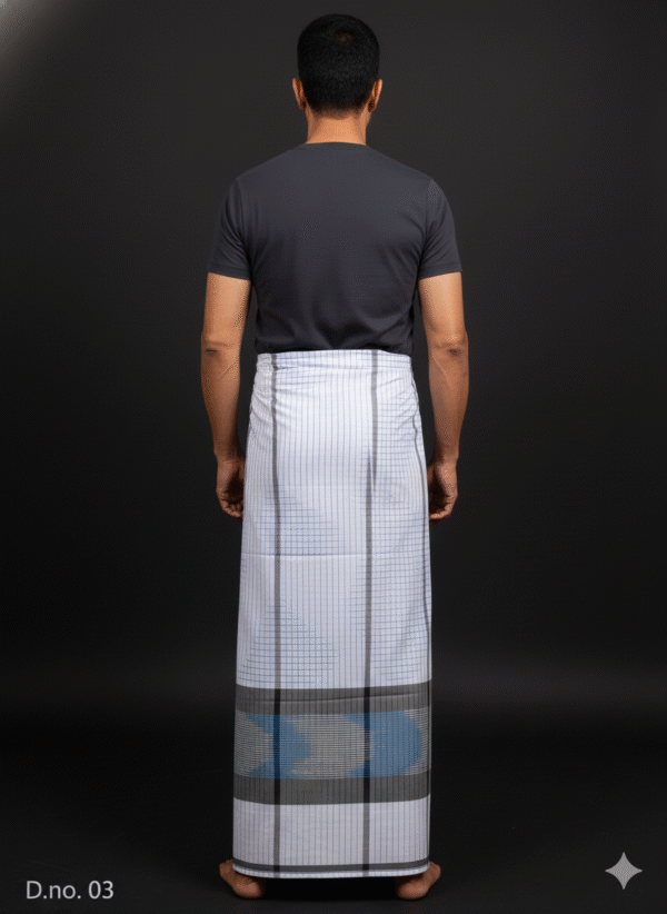 Men's Modern Lungi - Crisp White Check with Blue & Grey Border