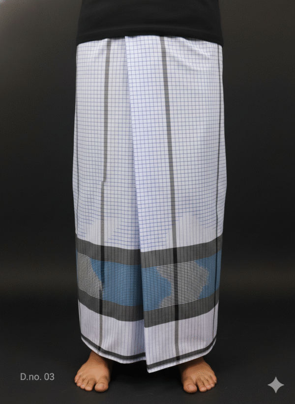 Men's Modern Lungi - Crisp White Check with Blue & Grey Border