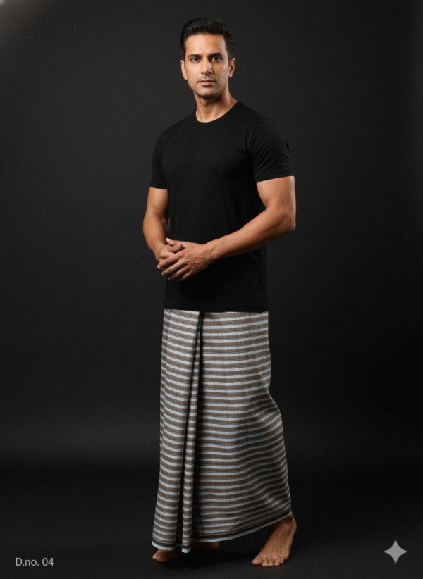 Men's Classic Lungi - Subtle Grey and Brown Striped Design