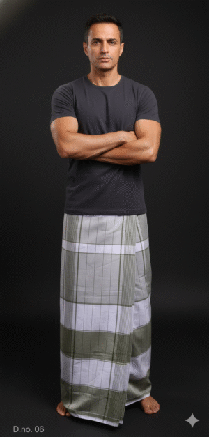 Generated Image November 08, 2025 - 6_45PM Men's Elegant Lungi - Olive Green and White Plaid Design