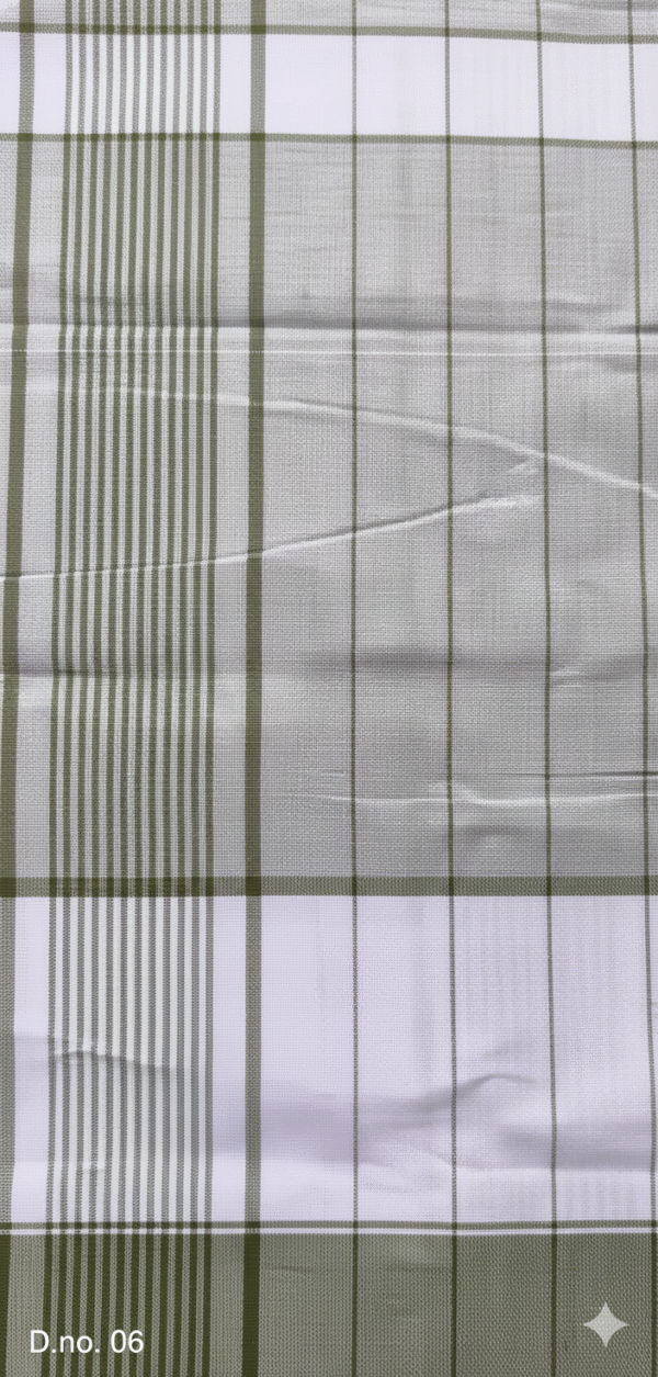 Men's Elegant Lungi - Olive Green and White Plaid Design