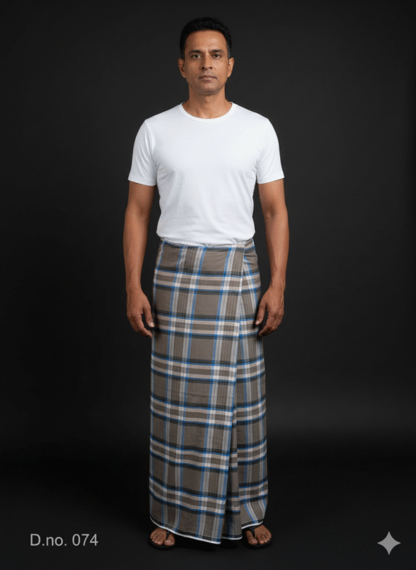 Men's Sophisticated Lungi - Grey-Brown and Blue Plaid Design
