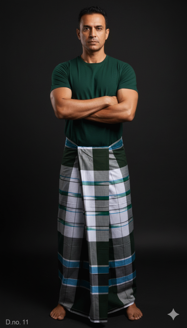 Men's Bold Plaid Lungi - Classic Dark Green and White Check
