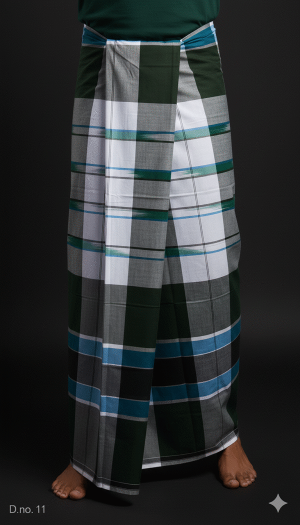 Men's Bold Plaid Lungi - Classic Dark Green and White Check