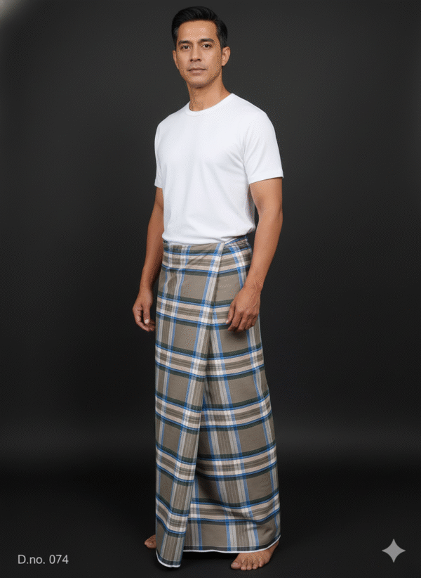 Men's Sophisticated Lungi - Grey-Brown and Blue Plaid Design