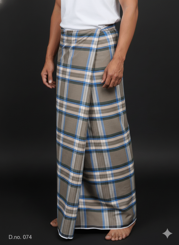 Men's Sophisticated Lungi - Grey-Brown and Blue Plaid Design