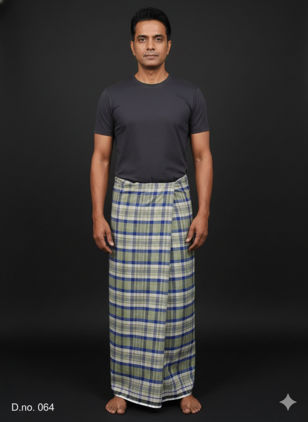 Men's Stylish Lungi - Olive Green and Blue Plaid Design