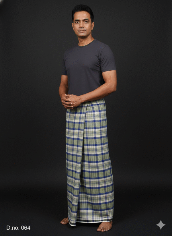 Men's Stylish Lungi - Olive Green and Blue Plaid Design