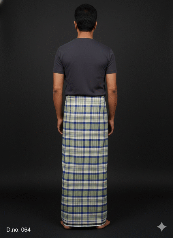 Men's Stylish Lungi - Olive Green and Blue Plaid Design