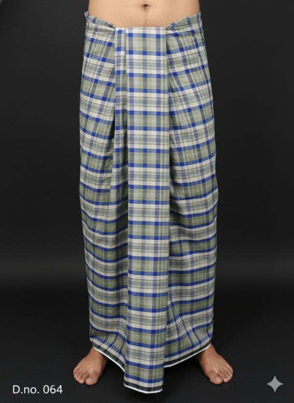 Men's Stylish Lungi - Olive Green and Blue Plaid Design
