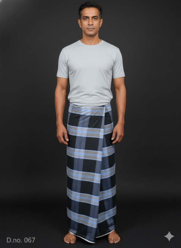 Men's Bold Plaid Lungi - Striking Black and Blue Check