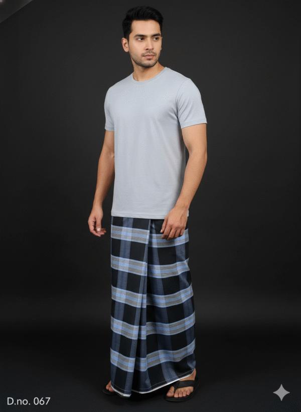 Men's Bold Plaid Lungi - Striking Black and Blue Check