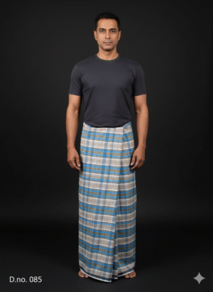 Men's Modern Lungi - Blue, Grey & Tan Plaid Design