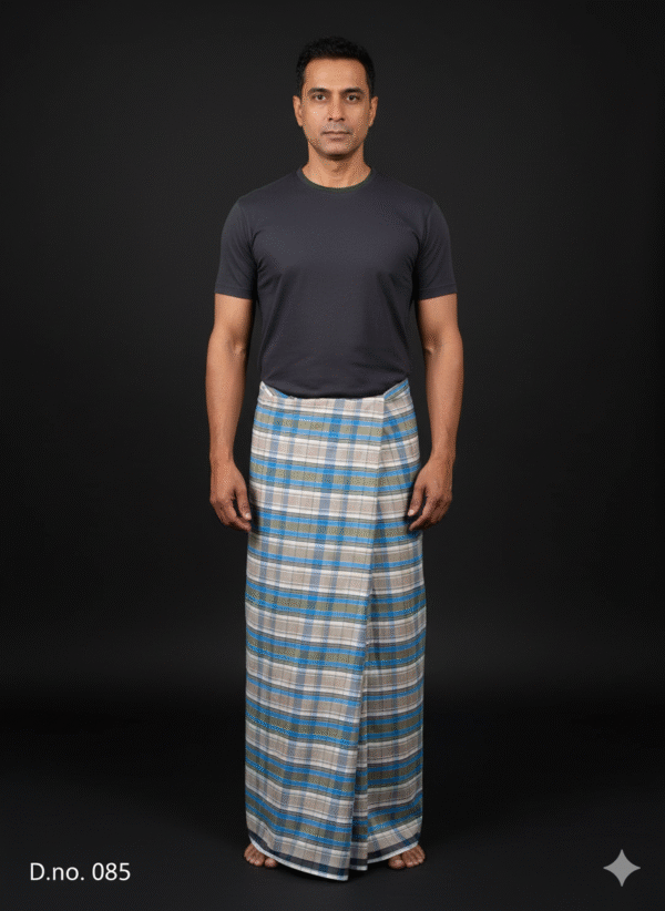 Men's Modern Lungi - Blue, Grey & Tan Plaid Design