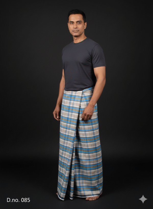 Men's Modern Lungi - Blue, Grey & Tan Plaid Design