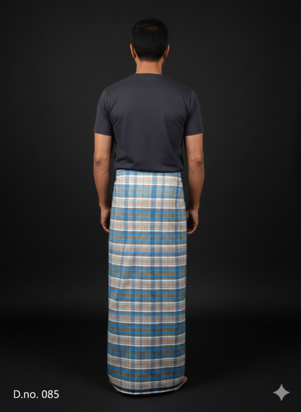 Men's Modern Lungi - Blue, Grey & Tan Plaid Design