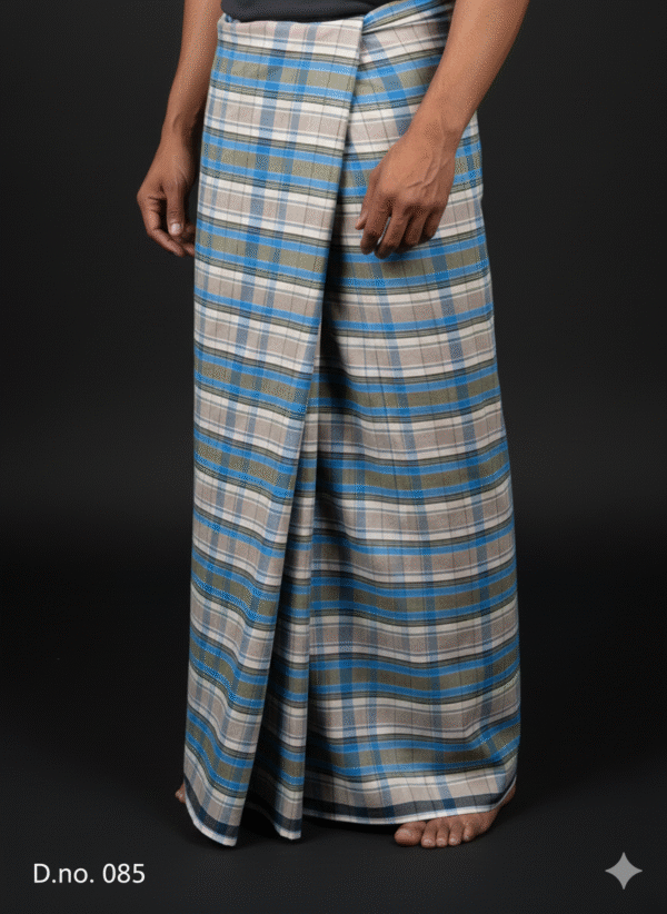 Men's Modern Lungi - Blue, Grey & Tan Plaid Design