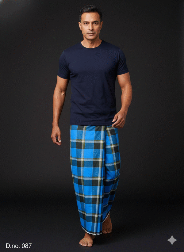 download (6) Men's Bold Plaid Lungi - Bright Blue & Black Checkered Design