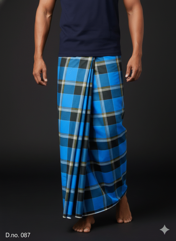 download (8) Men's Bold Plaid Lungi - Bright Blue & Black Checkered Design