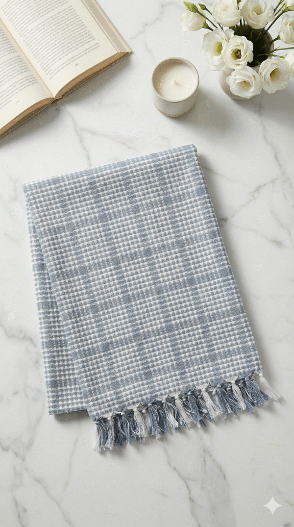 1765016378059 Elegant Greyish-Blue & White Checkered Cotton Towel | Premium Angvastra with Tassels