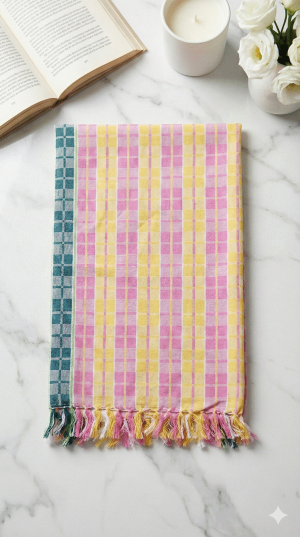 Vibrant Pink & Yellow Checkered Cotton Angvastra | Traditional Gamcha with Blue Border