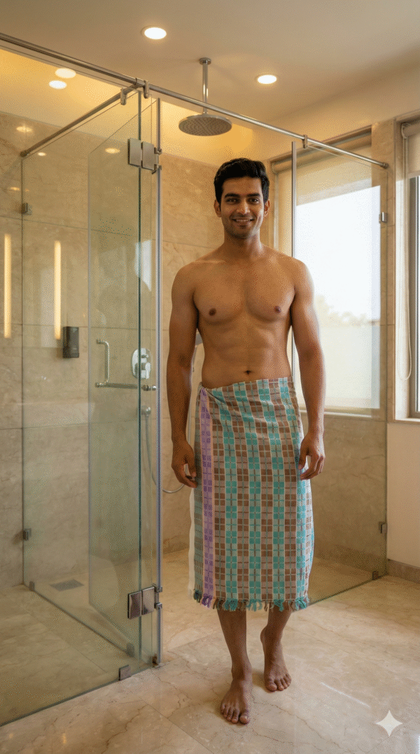 Royal Teal & Beige Checkered Cotton Angvastra | Designer Gamcha with Purple Border