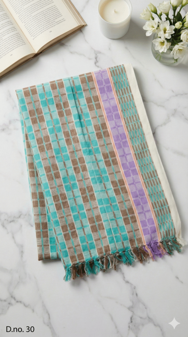 Royal Teal & Beige Checkered Cotton Angvastra | Designer Gamcha with Purple Border