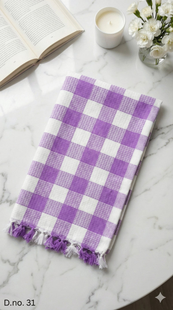 Elegant Purple & White Gingham Checkered Cotton Angvastra | Soft Traditional Towel