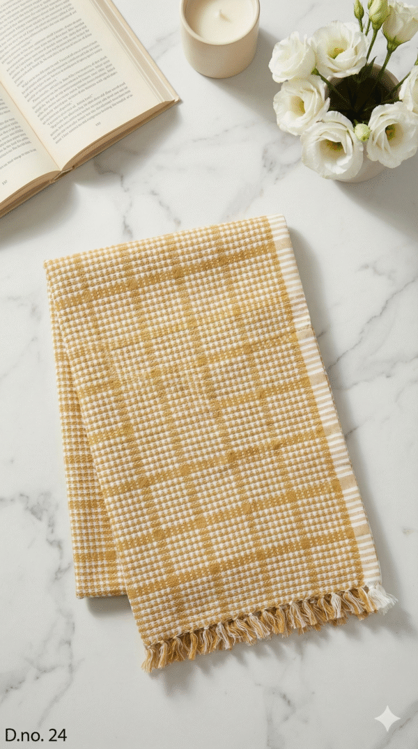 Classic Mustard Yellow & White Checkered Cotton Gamcha | Soft Angvastra with Tassels