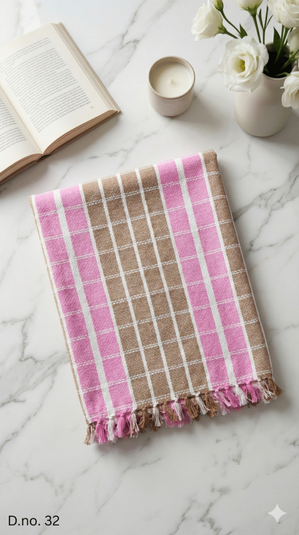 Premium Pink & Brown Checkered Cotton Gamcha | Soft Traditional Towel with Tassels