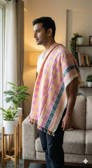 1765110196818 Vibrant Pink & Yellow Checkered Cotton Angvastra | Traditional Gamcha with Blue Border