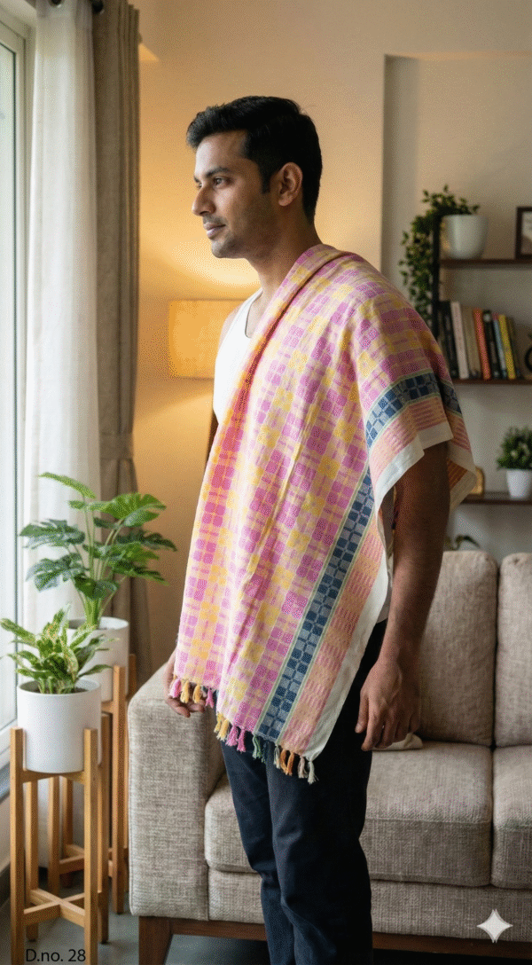 Vibrant Pink & Yellow Checkered Cotton Angvastra | Traditional Gamcha with Blue Border
