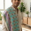 Royal Teal & Beige Checkered Cotton Angvastra | Designer Gamcha with Purple Border