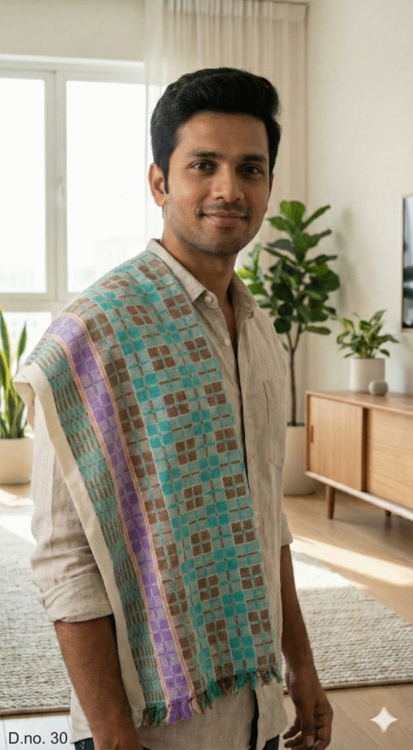 Royal Teal & Beige Checkered Cotton Angvastra | Designer Gamcha with Purple Border